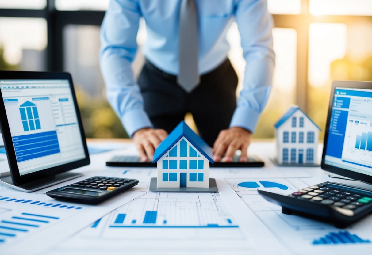 A 4D planner surrounded by architectural blueprints, computer screens, and a calculator, with a scale model of a building in the background