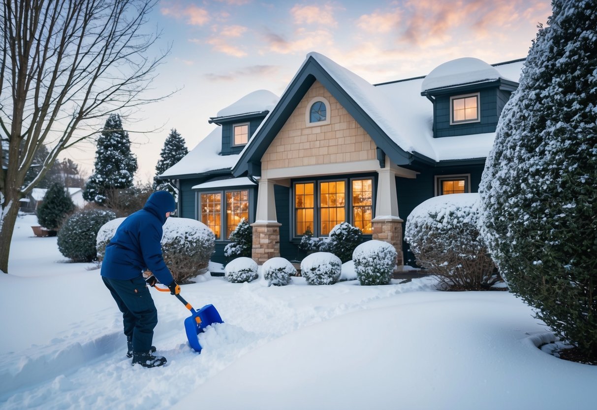 A snowy landscape with a cozy house and a person clearing snow around the foundation. Trees and bushes are pruned and the ground is sloped away from the house