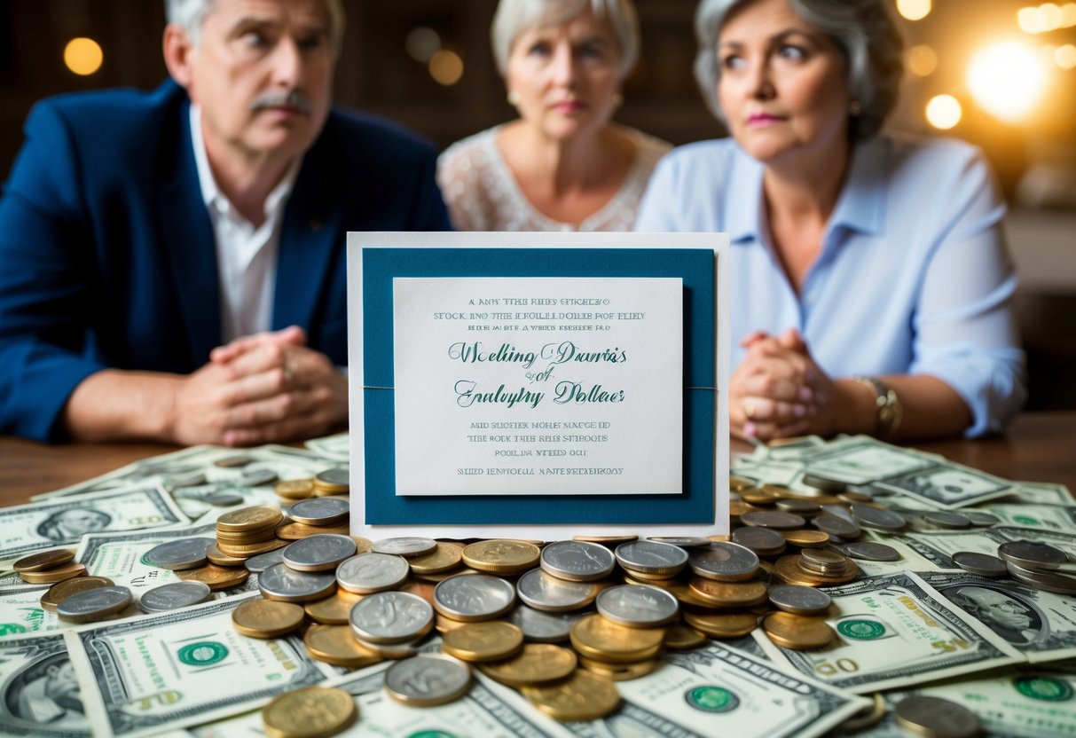 A wedding invitation surrounded by a mix of coins and dollar bills, with a couple of parents looking unsure and hesitant