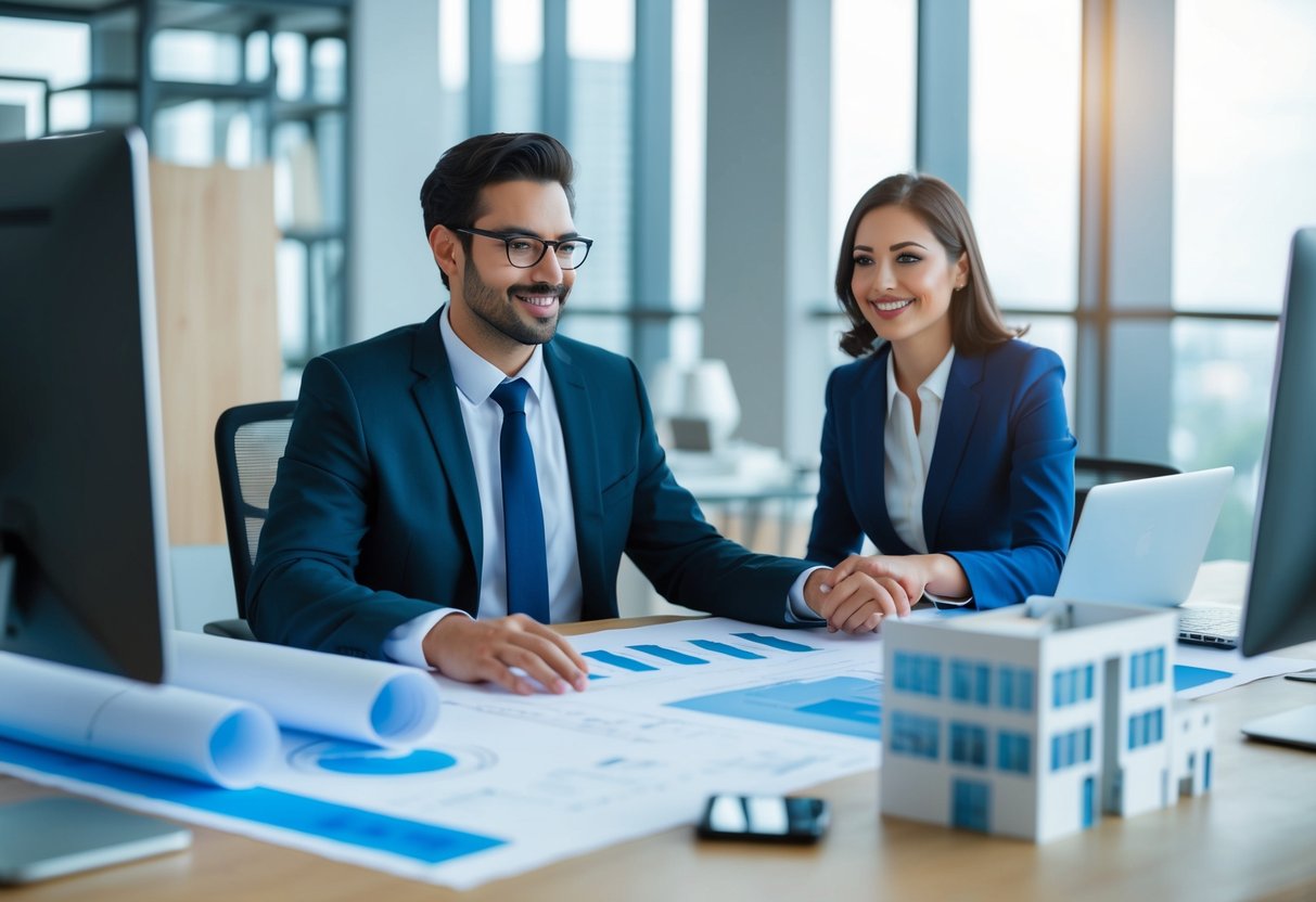 A 4D planner working at a desk, surrounded by blueprints, computer screens, and architectural models. A salary negotiation meeting with a potential employer is in progress