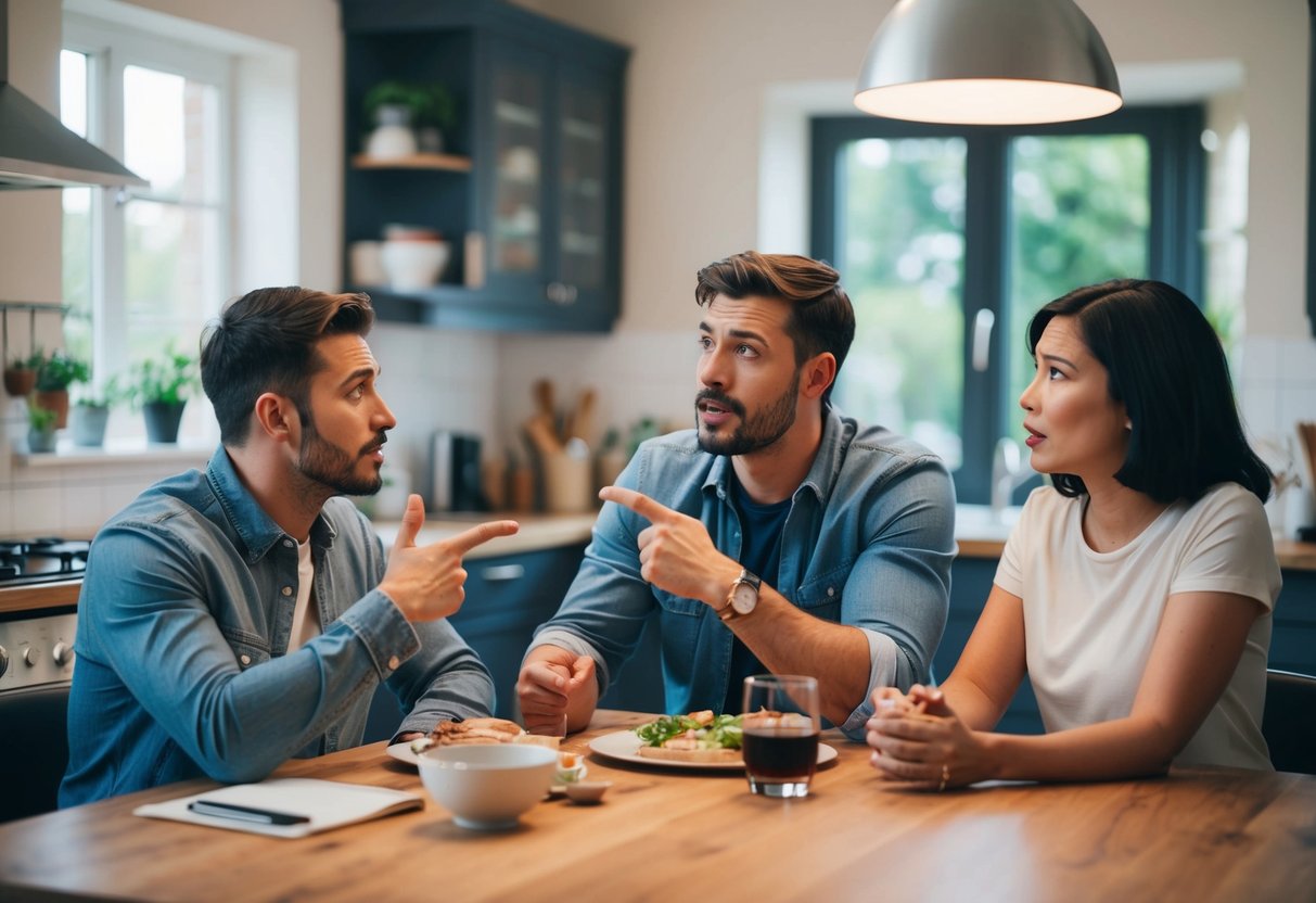 A couple sitting at a kitchen table, gesturing and talking to their parents with concerned expressions