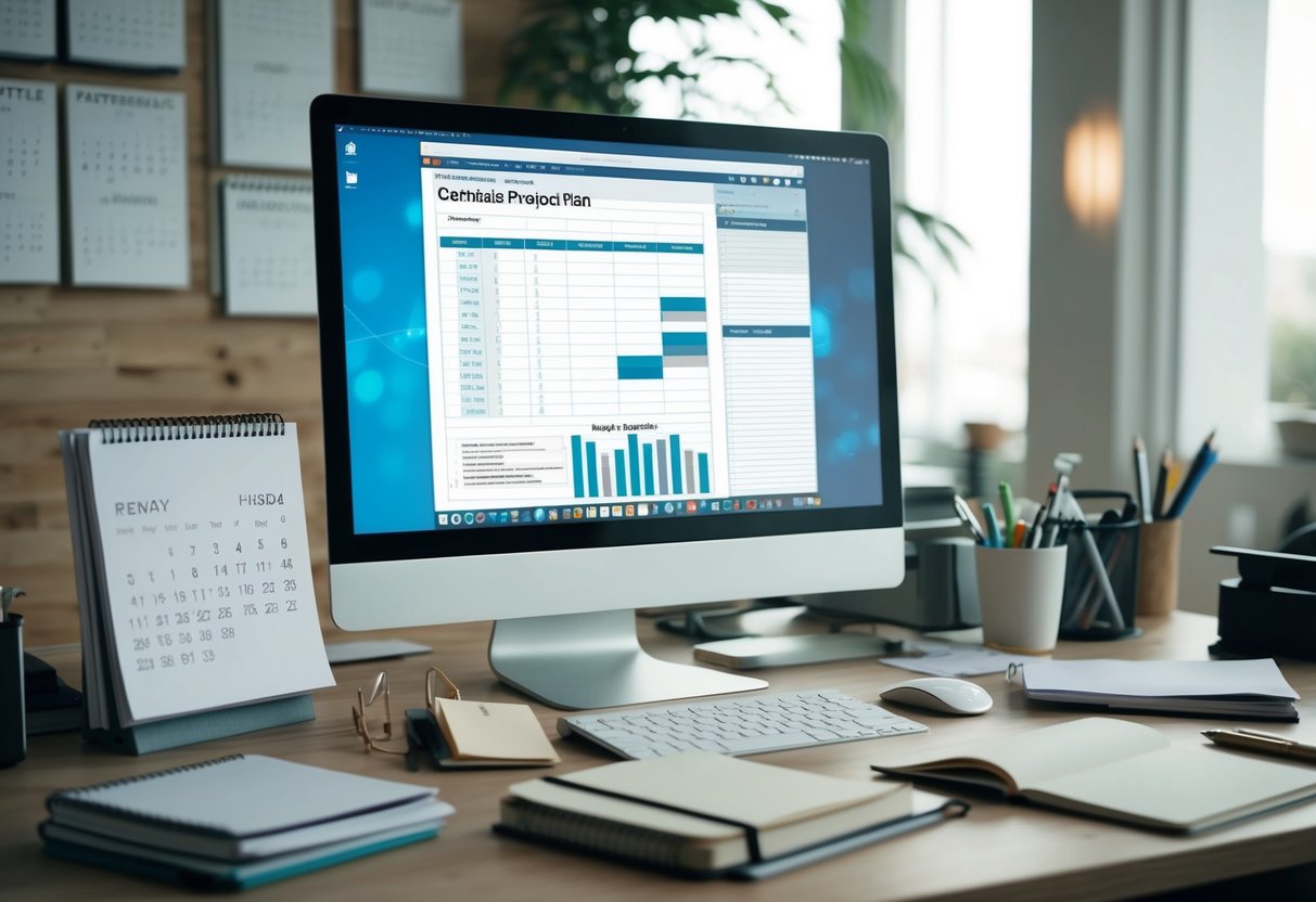 A cluttered desk with calendars, schedules, and notebooks. A computer displaying a detailed project plan