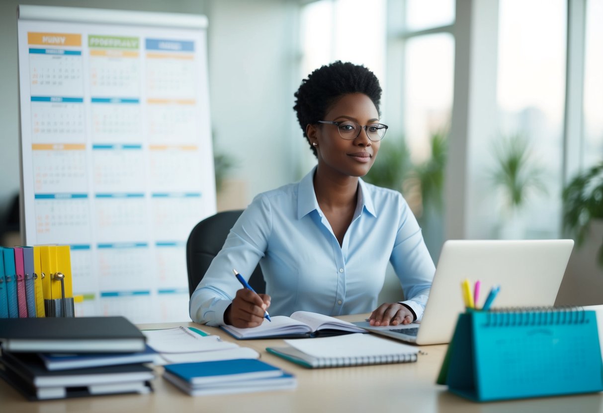 A person working at a desk, surrounded by calendars, schedules, and various planning tools. They are focused and organized, with a confident and professional demeanor