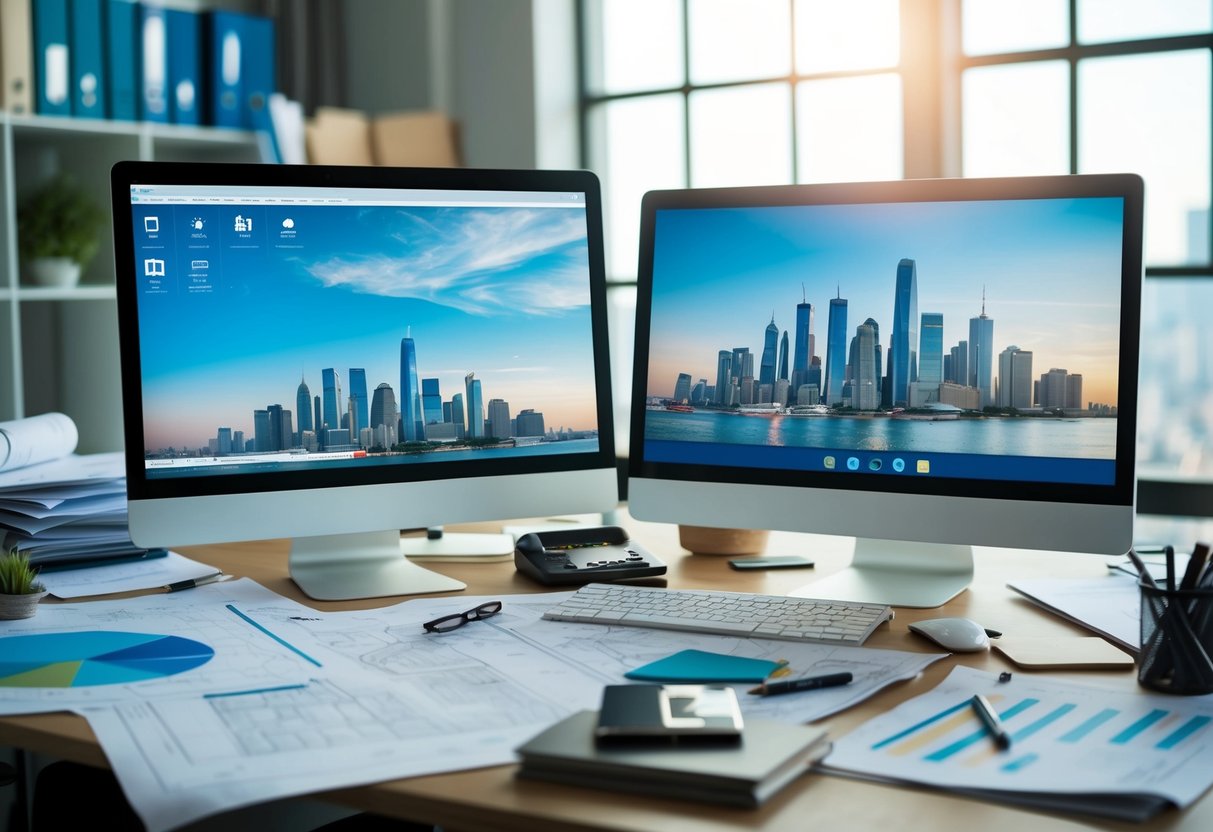A cluttered desk with maps, blueprints, and a computer displaying a city skyline. A planner's tools and reference materials are scattered around