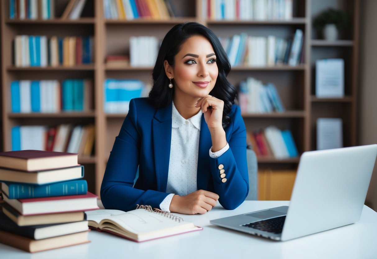 A planner surrounded by books, a laptop, and a calendar, with a thoughtful expression
