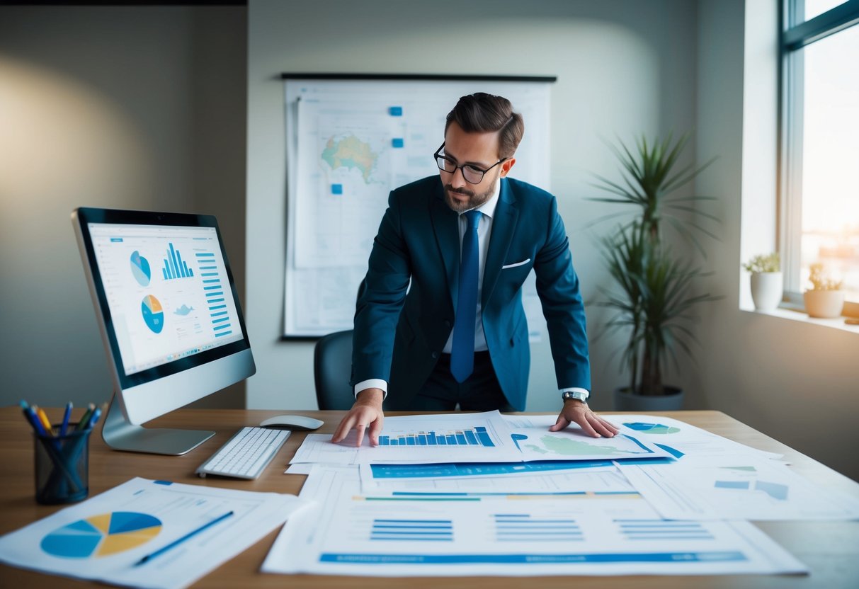 A planning consultant reviewing maps and blueprints at a desk with a computer and various planning documents spread out around them