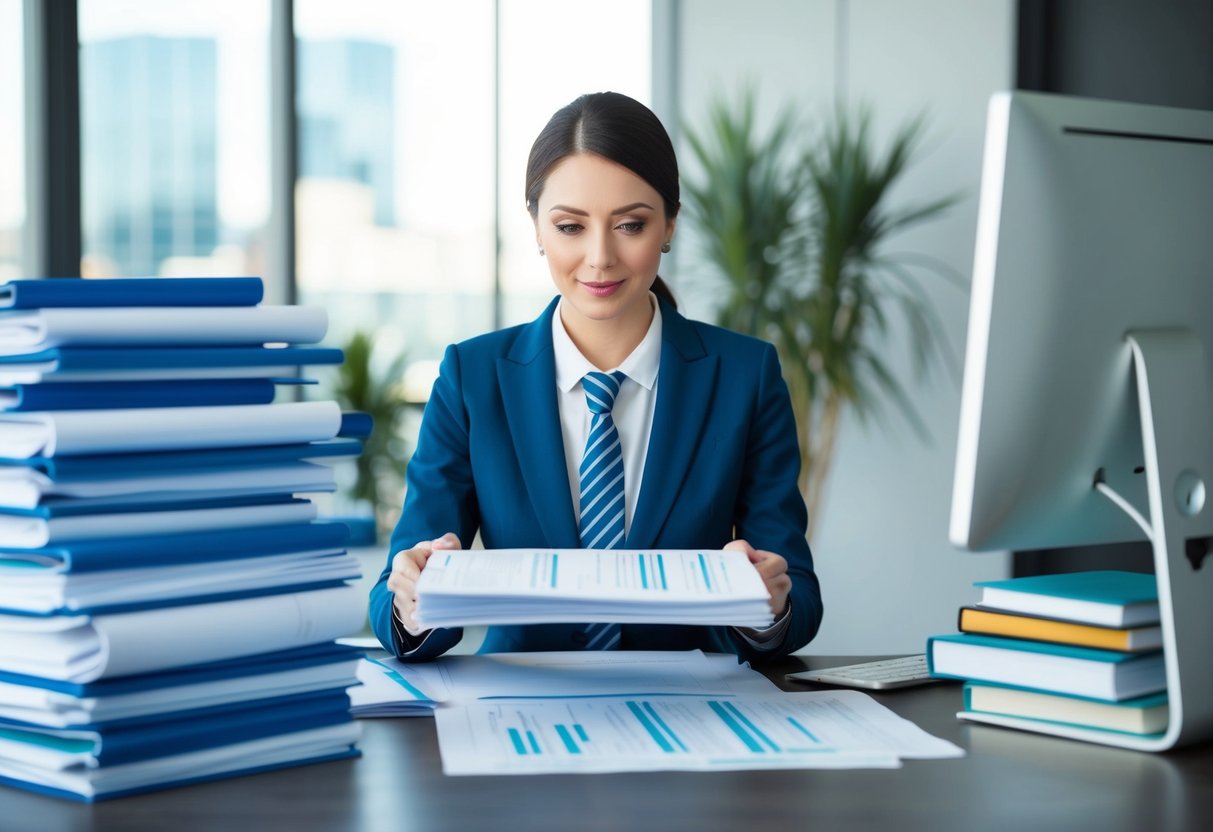 A planning consultant reviewing a stack of official documents and blueprints at a desk with a computer and various planning policy and regulation books