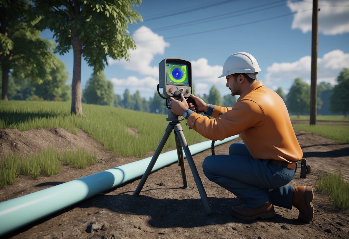 A technician using a ground-penetrating radar to locate underground water pipe leaks