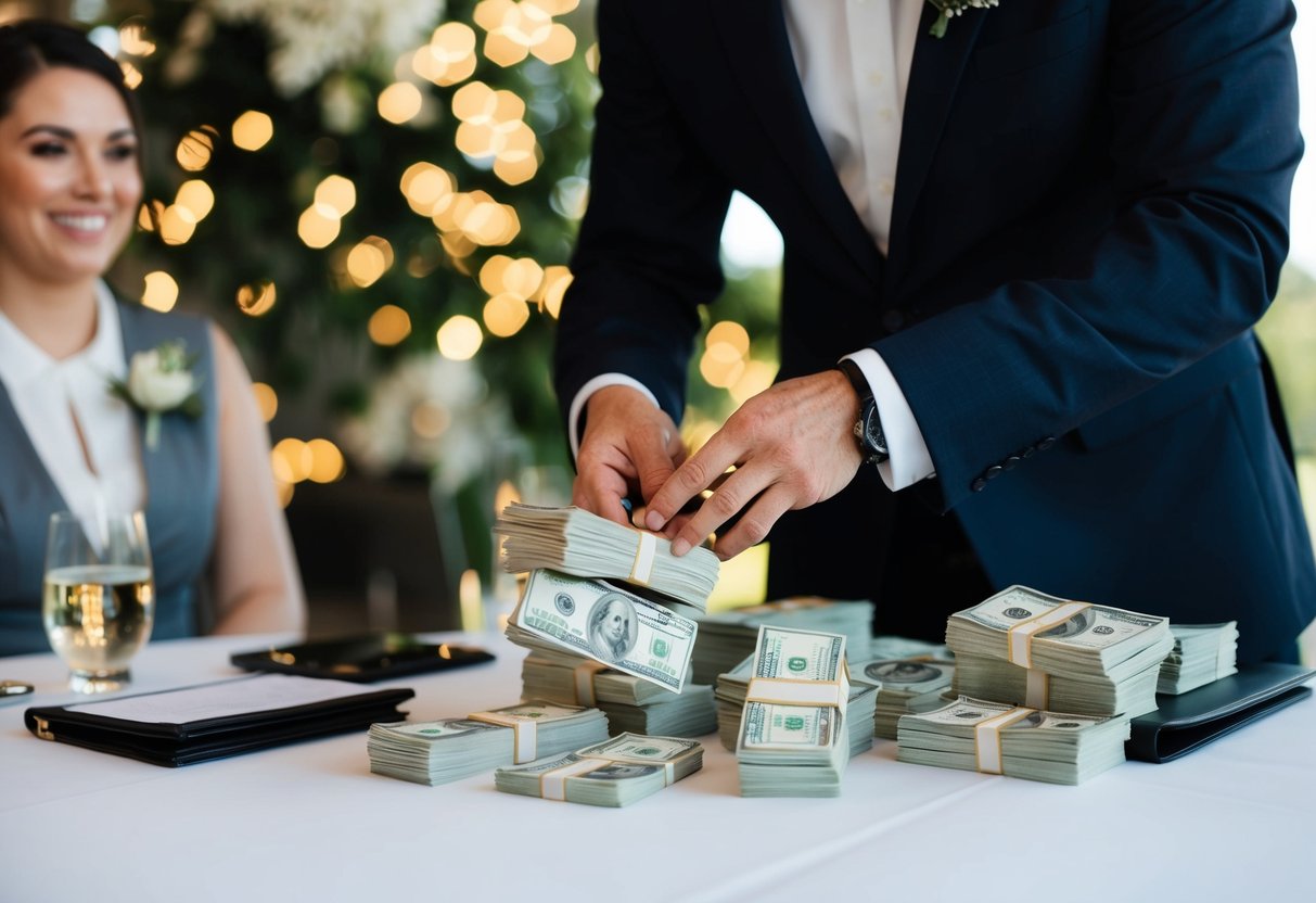 A wedding planner counting a stack of cash after a successful event