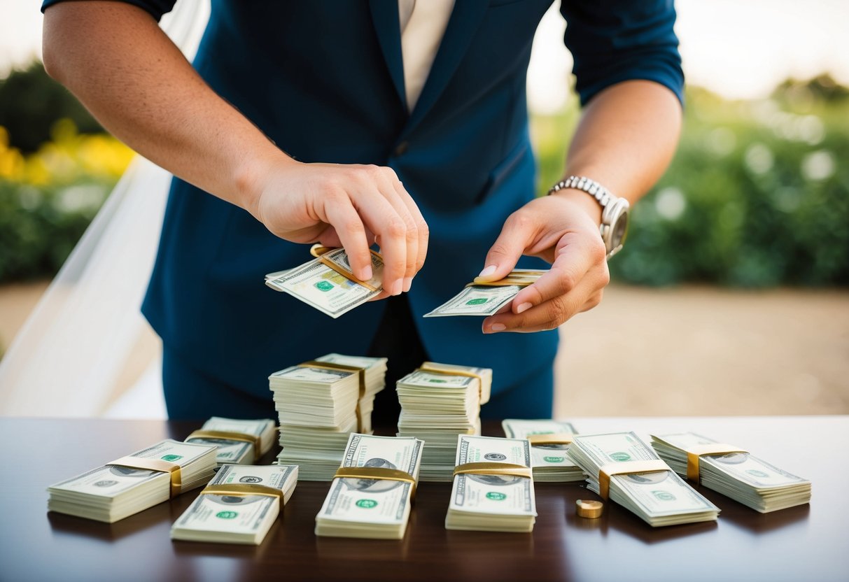 A wedding planner counting stacks of cash earned from a successful wedding event