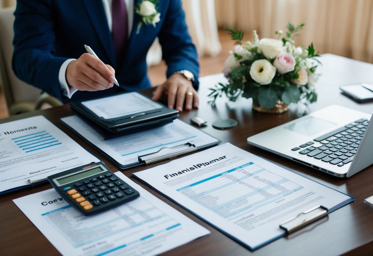 A wedding planner surrounded by financial documents and contracts, with a calculator and laptop on the desk. A wedding venue and floral arrangements in the background