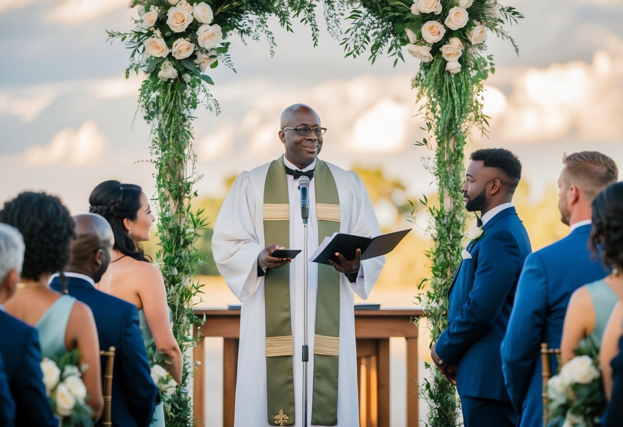 An officiant stands at the center of a wedding ceremony, overseeing the union of two individuals with grace and solemnity