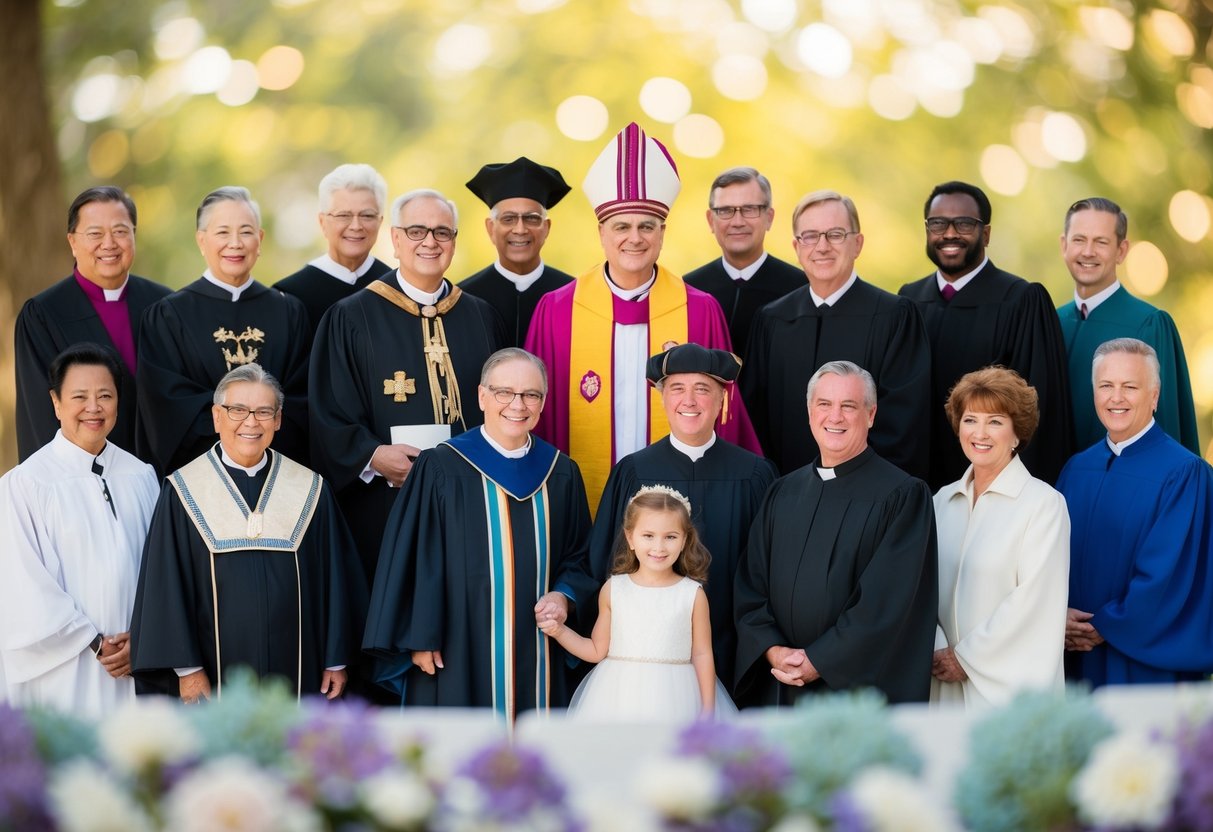 A variety of officiants, including religious leaders, judges, and family members, are depicted on a colorful wedding invitation
