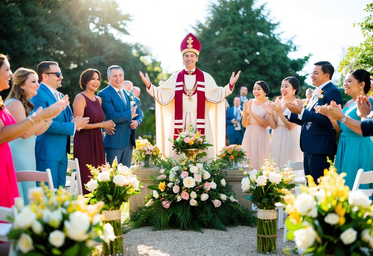 A figure in ceremonial attire stands at the center of a flower-adorned altar, surrounded by joyful guests in a sunlit garden