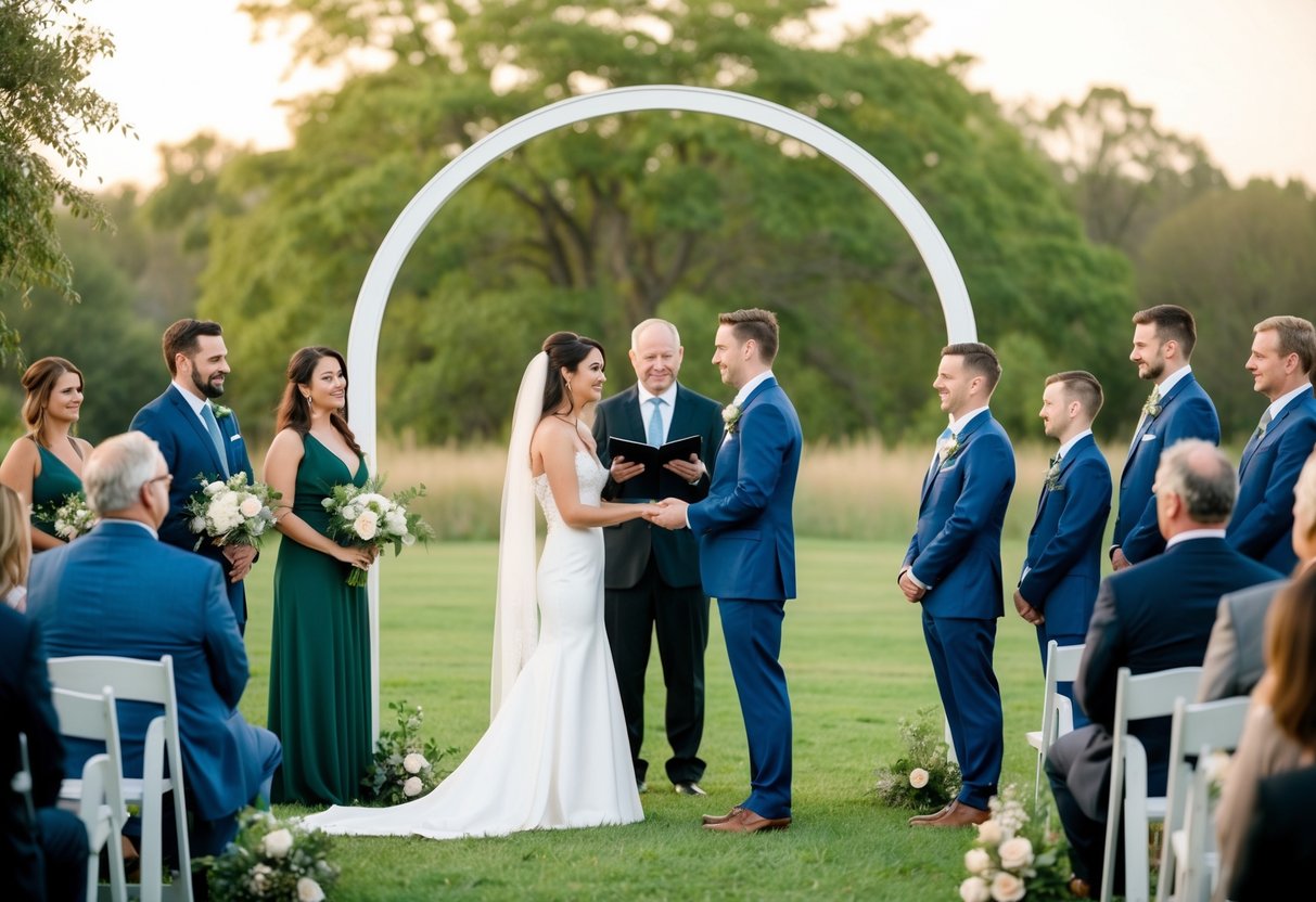 A couple standing beneath a simple archway exchanging vows, surrounded by nature and their loved ones