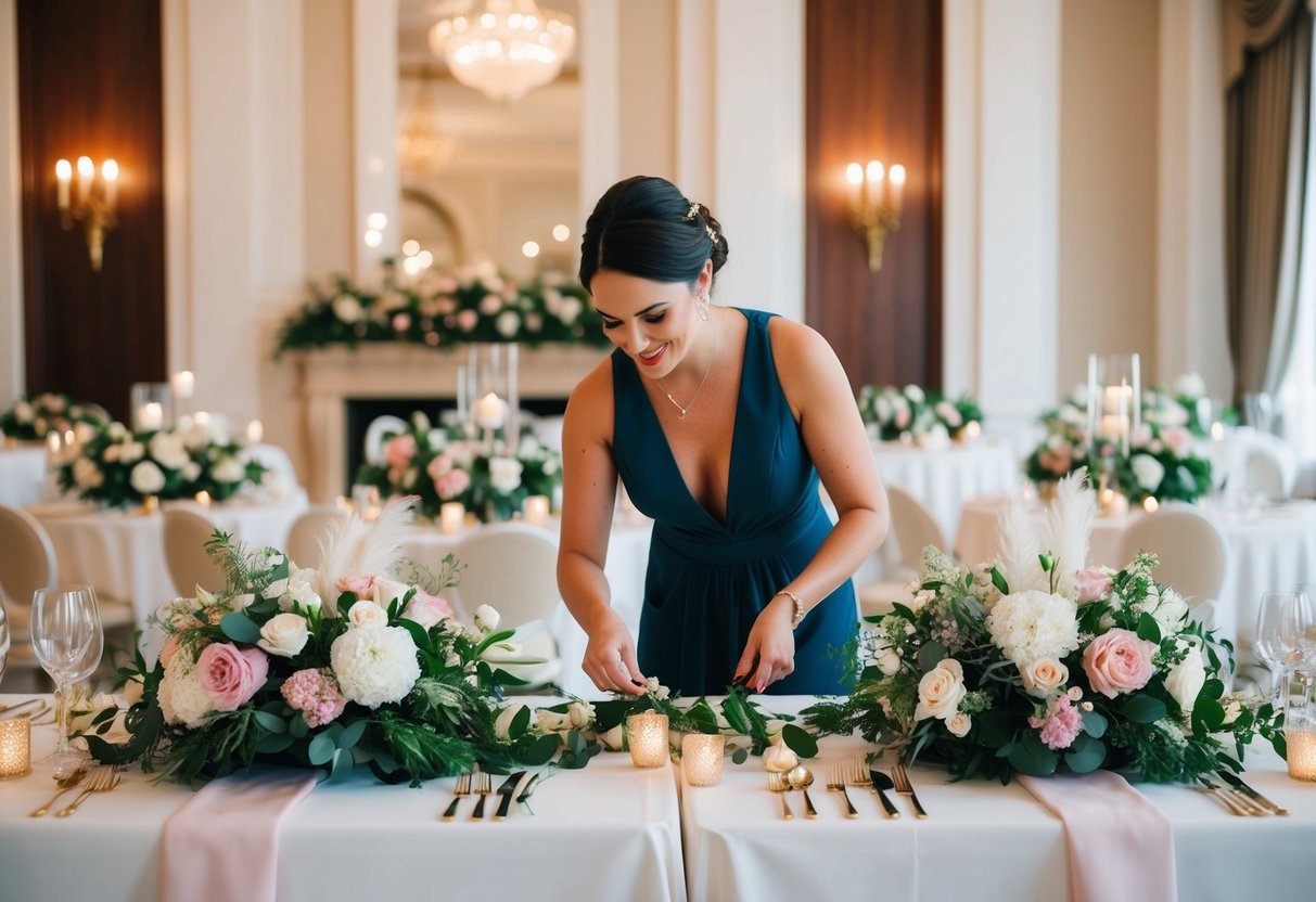A wedding stylist arranging floral centerpieces and table decor in a luxurious reception venue