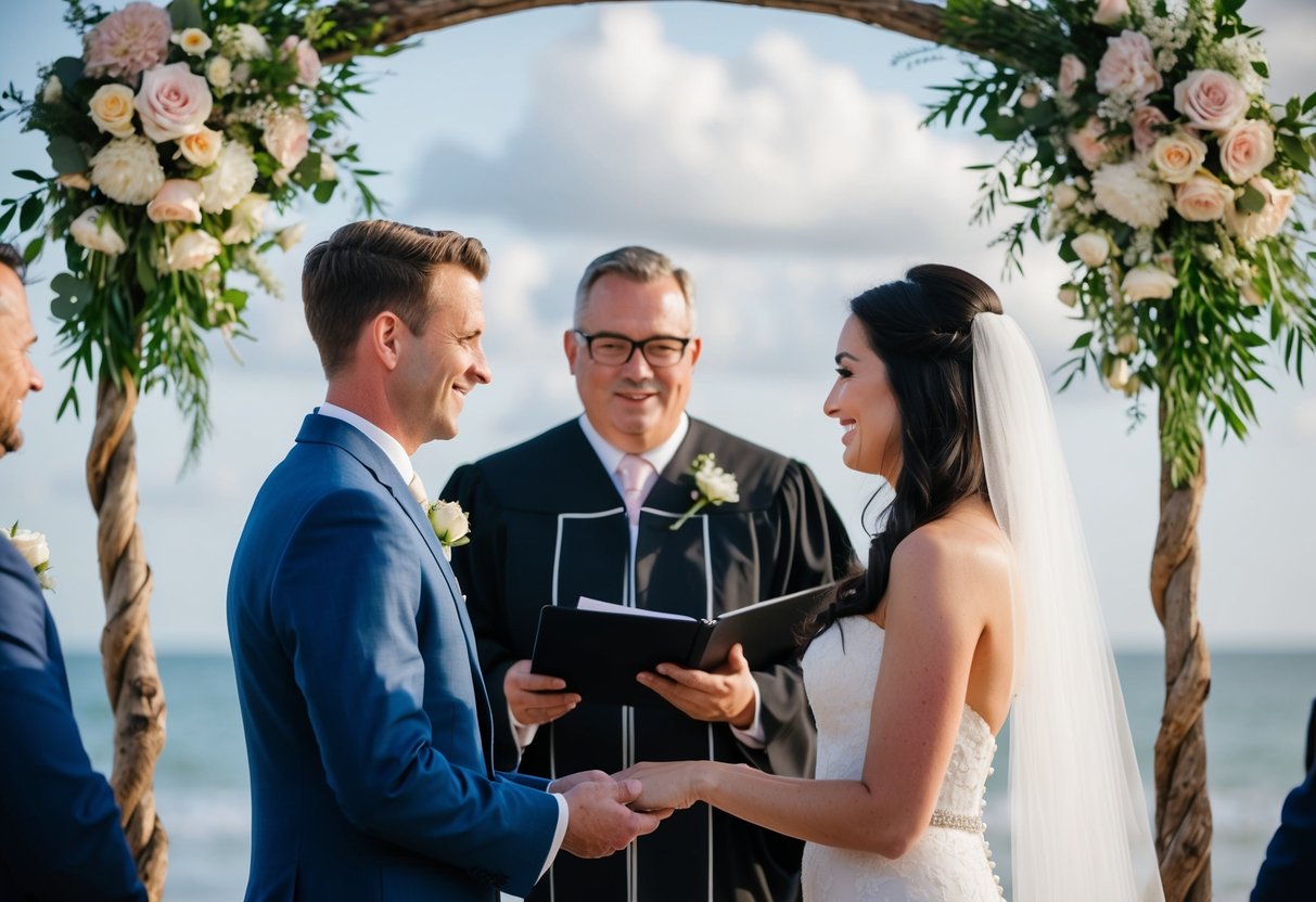 A celebrant stands before a couple, officiating their wedding ceremony. The couple exchange vows, surrounded by flowers and decor