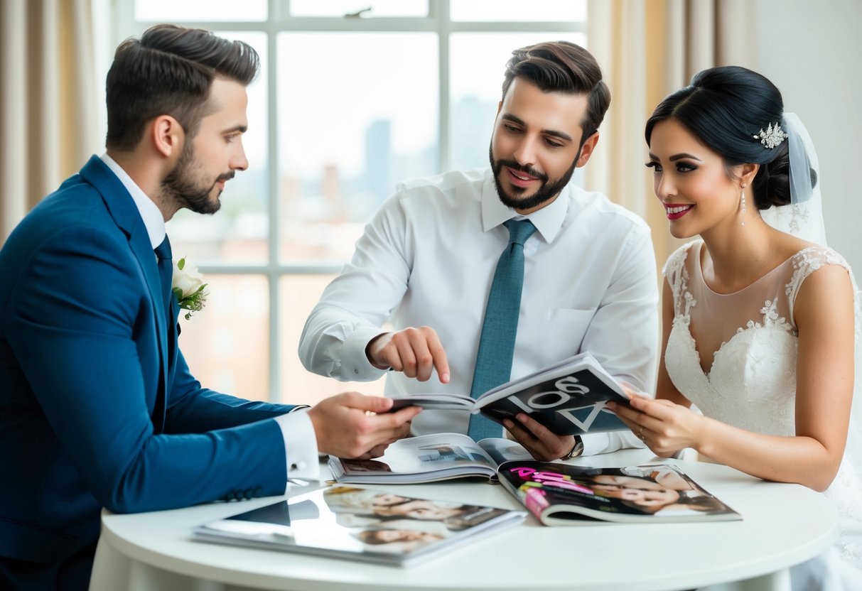 A bride and groom sit at a table, discussing wedding plans with a stylist. The stylist presents a portfolio of past work, while the couple looks through magazines for inspiration