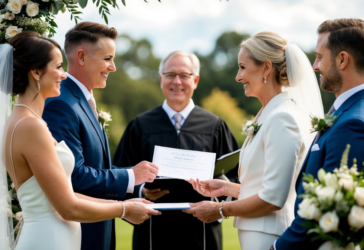 A celebrant stands before a couple, holding a marriage certificate and officiating the wedding ceremony