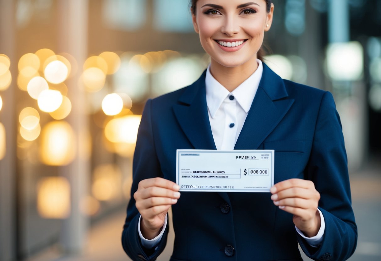 A person in a professional outfit holding a paycheck with a smile on their face