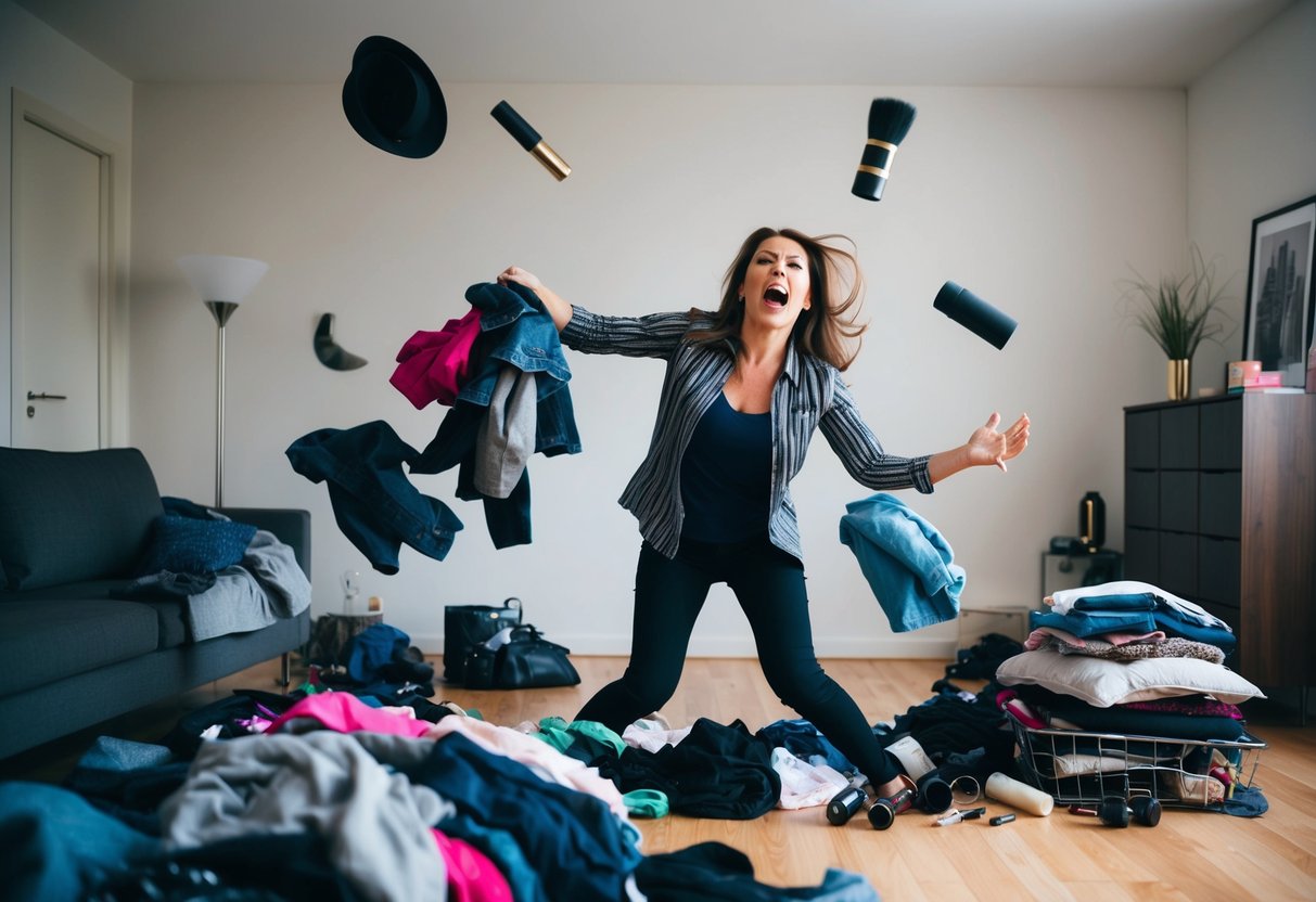 A woman throws a tantrum, tossing clothes and makeup around a cluttered apartment