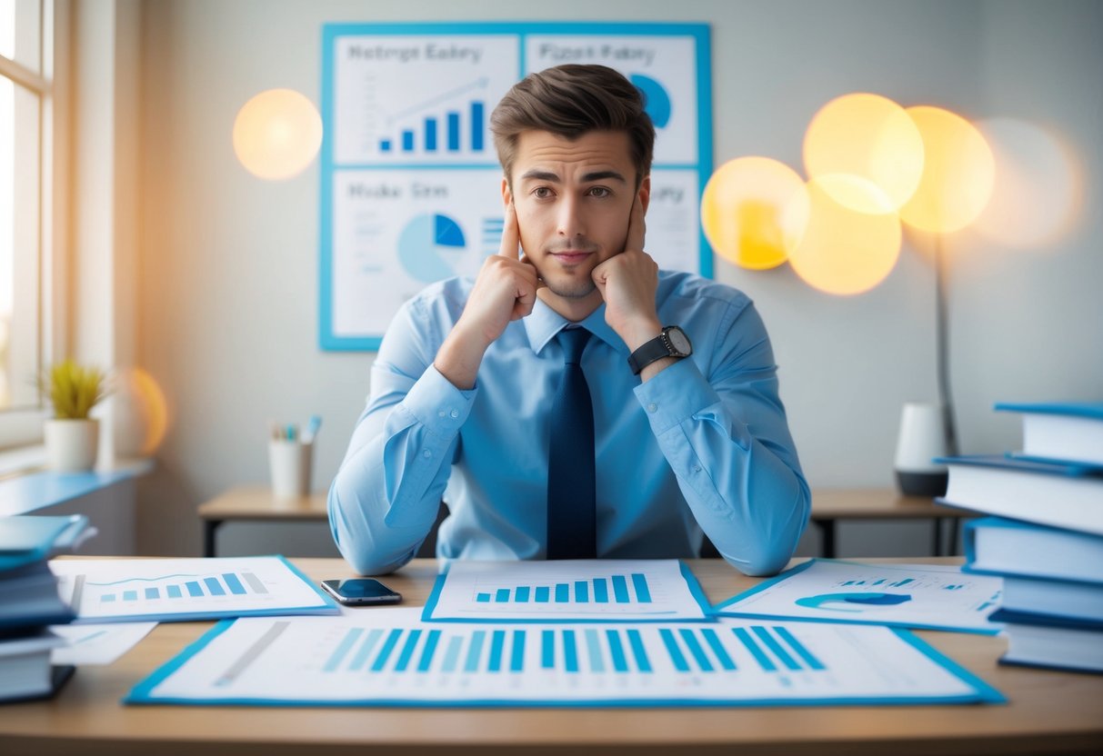A person sitting at a desk, surrounded by charts and graphs, pondering the question of what constitutes a good salary for a 25-year-old in the UK