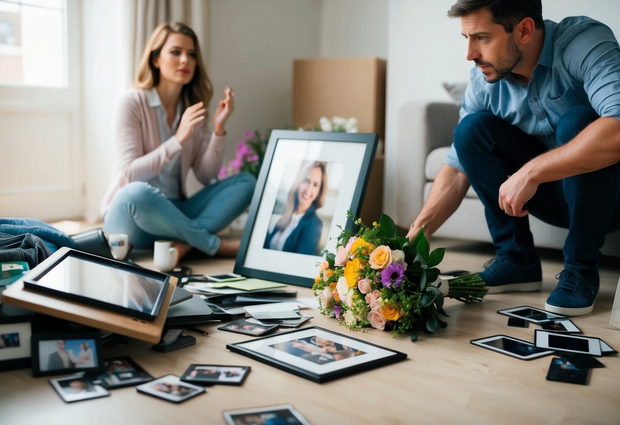 A woman's belongings, including a framed photo and a bouquet of flowers, are scattered on the floor, while a man looks on in frustration