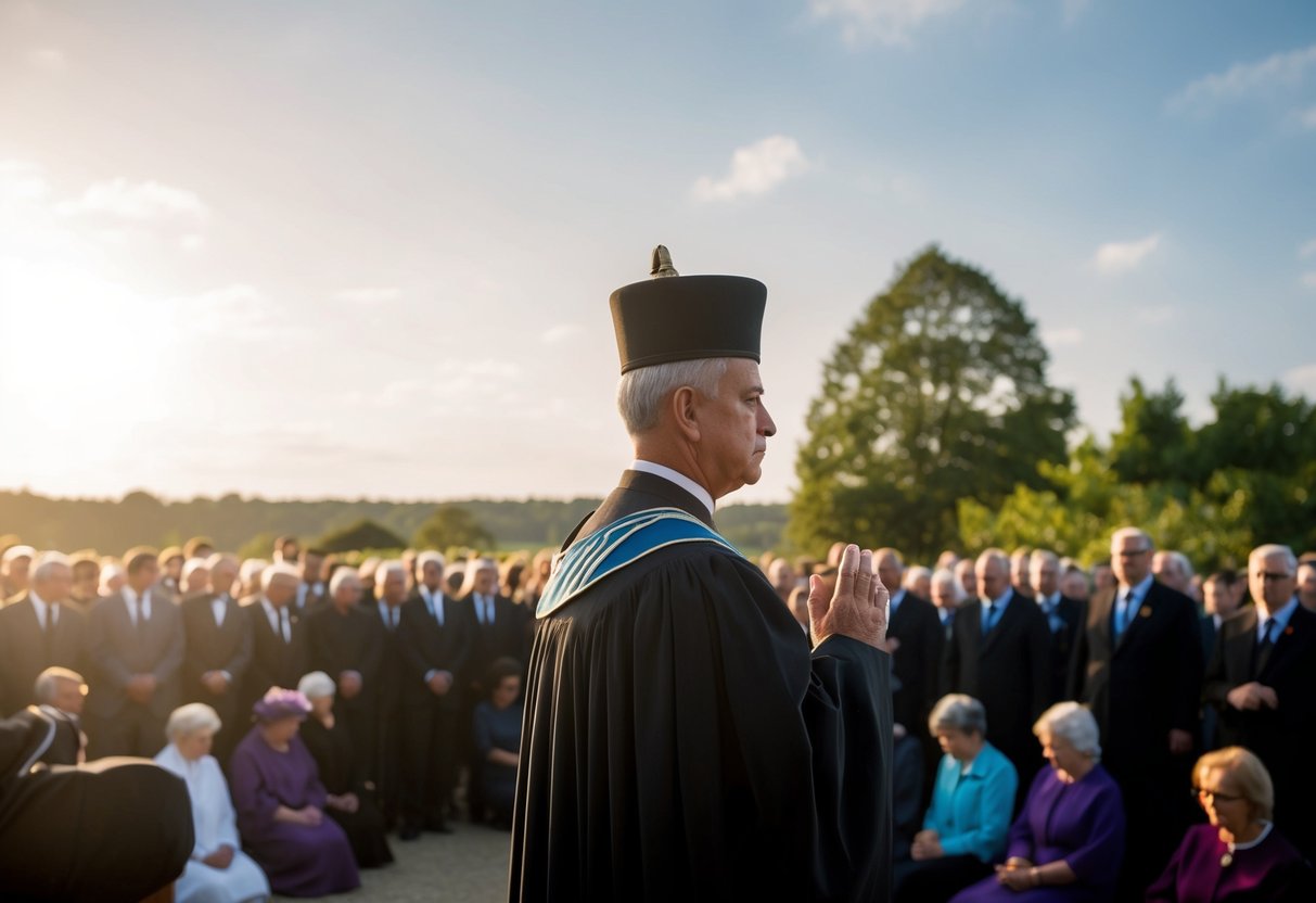 A solemn figure in ceremonial attire presides over a gathering of mourners in a serene, sunlit setting