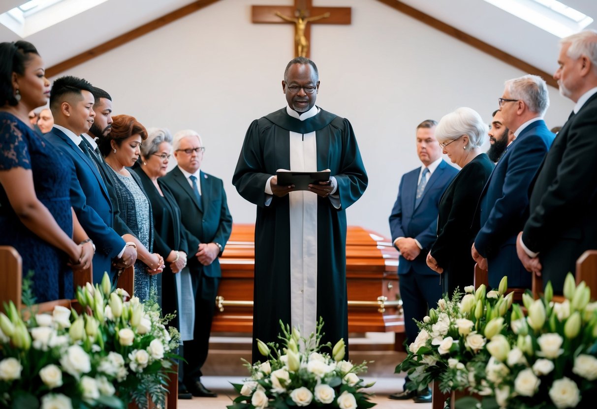 A celebrant leading a funeral service, surrounded by mourners and floral arrangements in a peaceful and solemn setting