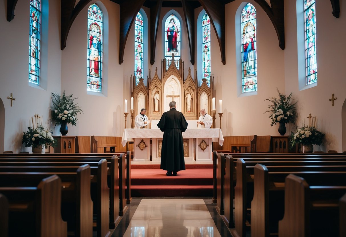 A church interior with a celebrant at the altar, surrounded by pews and stained glass windows