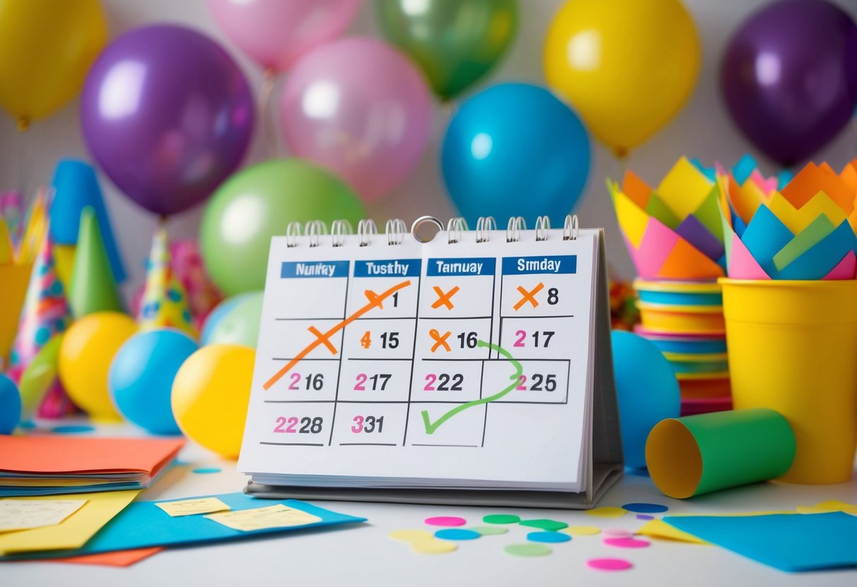 A calendar with multiple dates crossed out and a future date circled, surrounded by party decorations and supplies being gathered