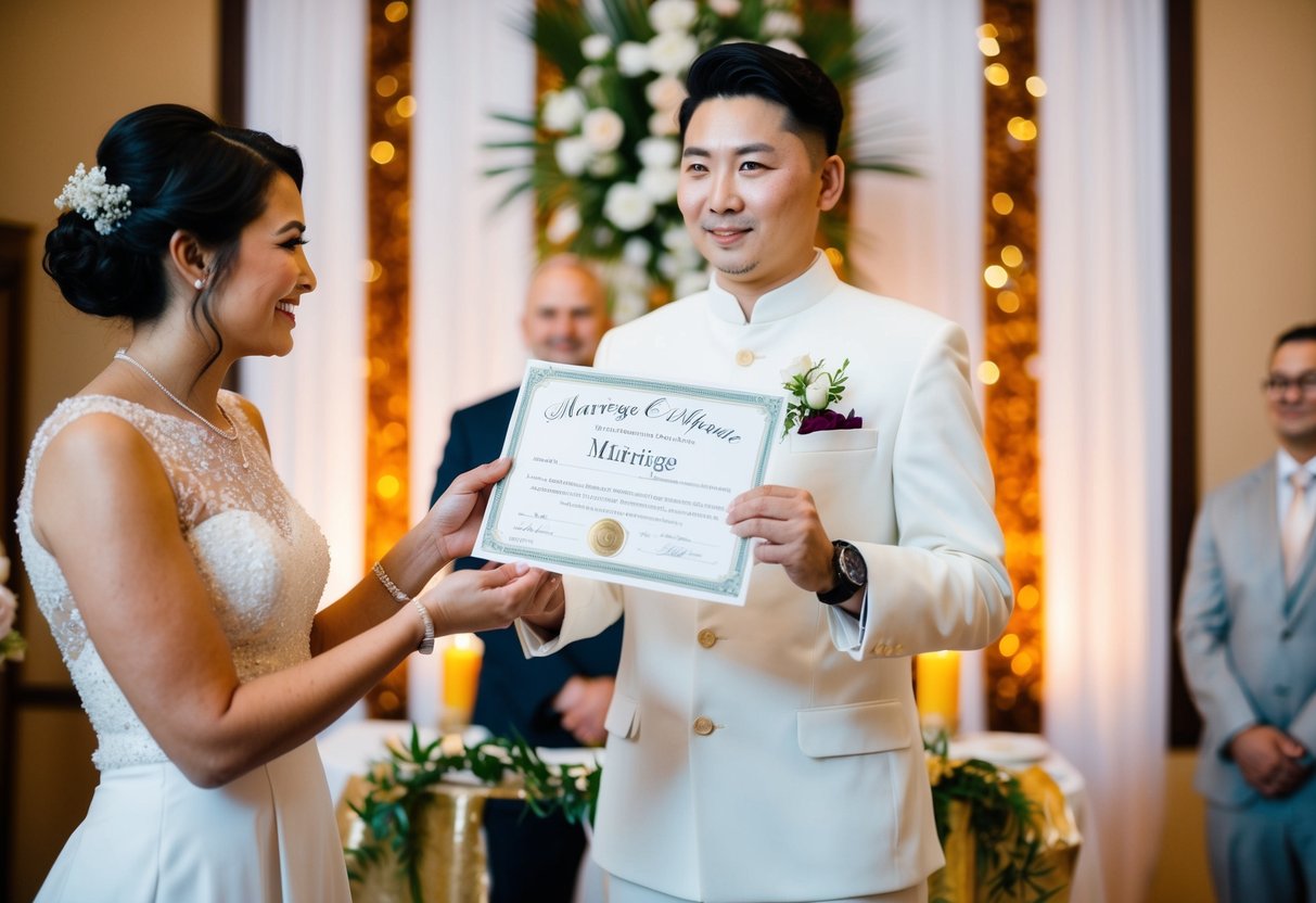 A person holding a marriage certificate and standing at an altar with flowers and a decorative backdrop