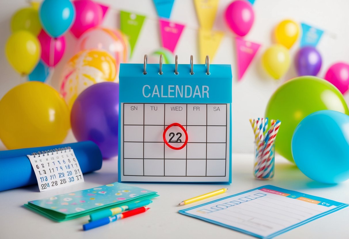 A calendar with a date circled in red, surrounded by party supplies and a checklist