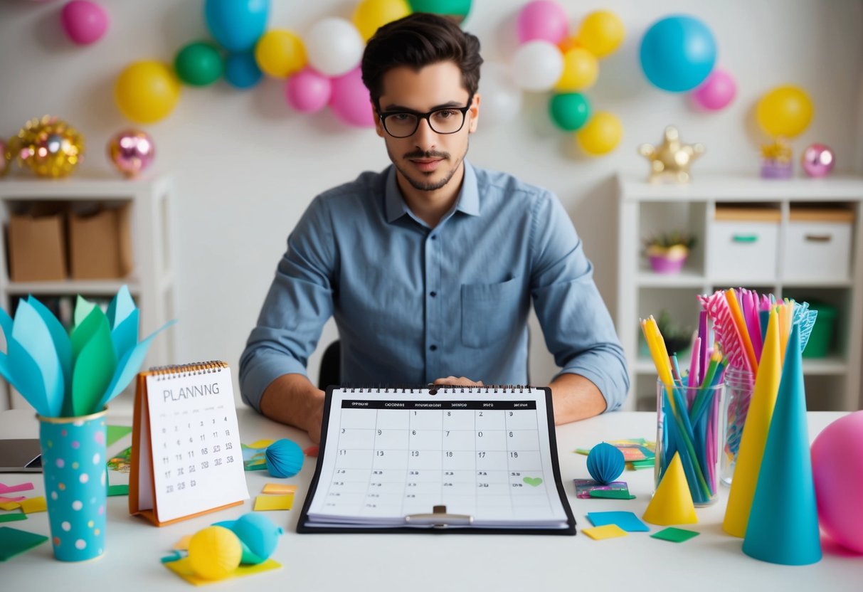 A person sitting at a desk with a calendar, surrounded by party planning supplies and decorations, brainstorming ideas for the upcoming event