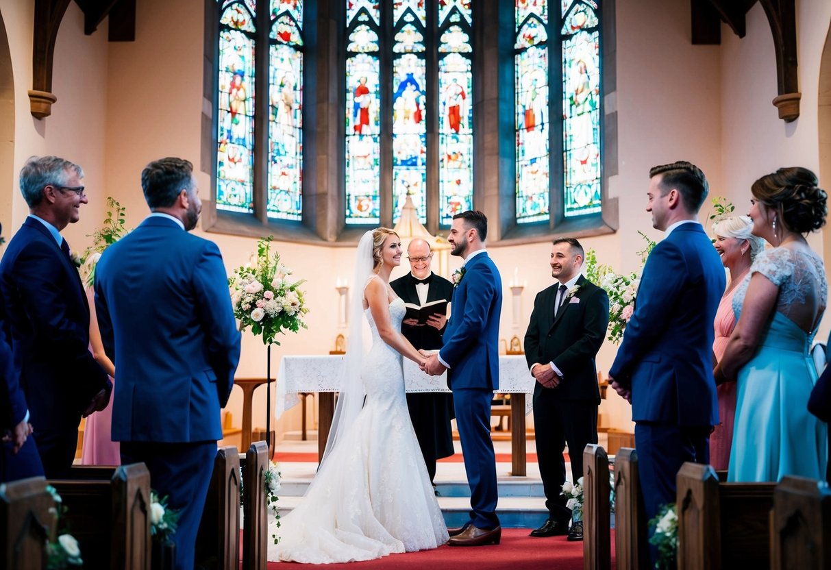 A bride and groom stand before a church altar with a celebrant officiating their wedding ceremony. The couple is surrounded by family and friends, with the church's stained glass windows casting colorful light onto the scene