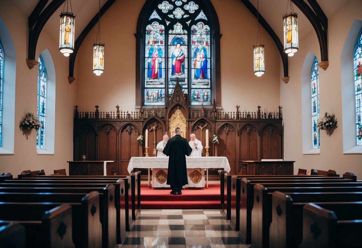 An ornate church interior with a celebrant standing at the altar, surrounded by pews and stained glass windows