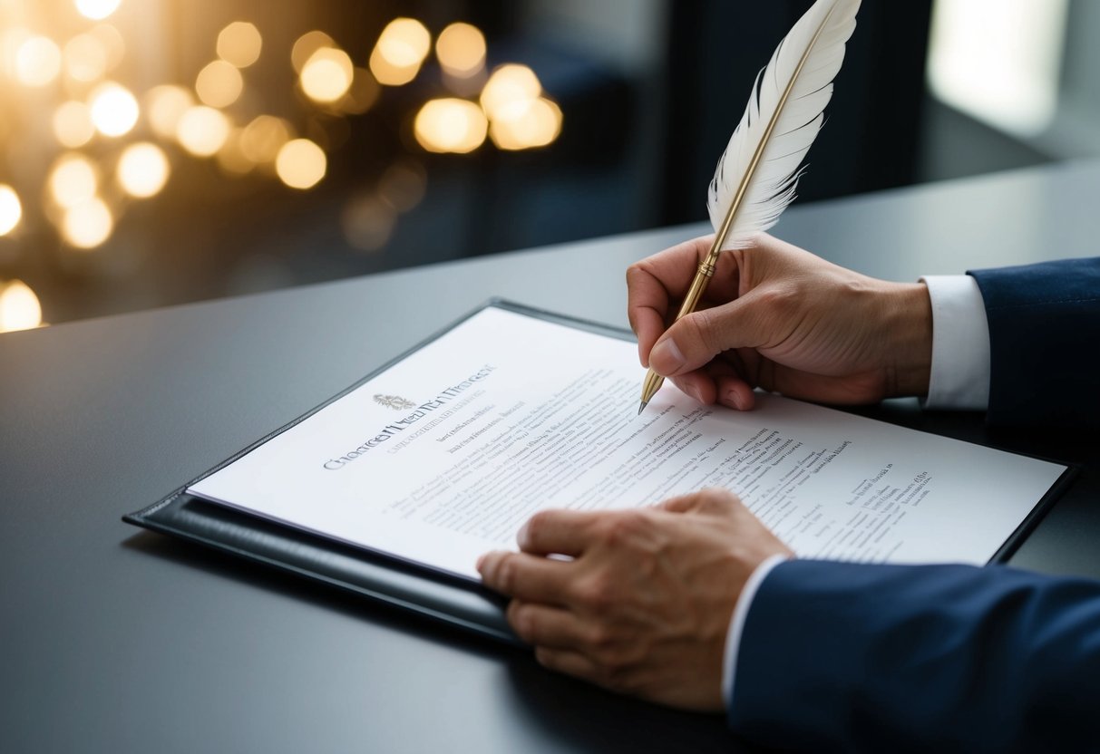 A person signing a formal document with a quill pen on a desk