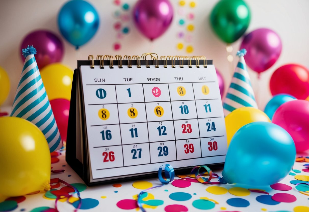 A calendar with multiple dates circled, surrounded by party decorations and supplies