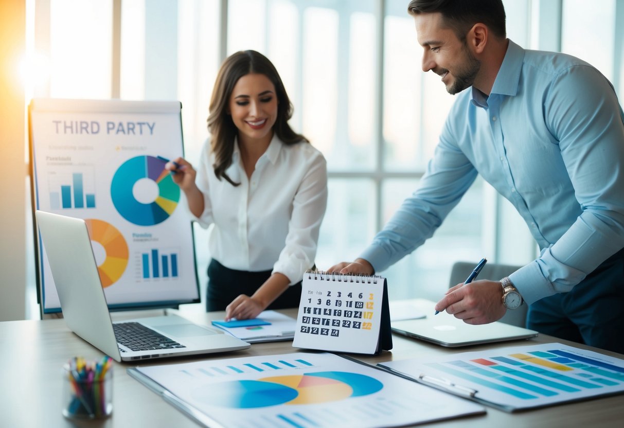 A third-party planner arranging a table with a calendar, pen, and laptop, surrounded by colorful charts and graphs