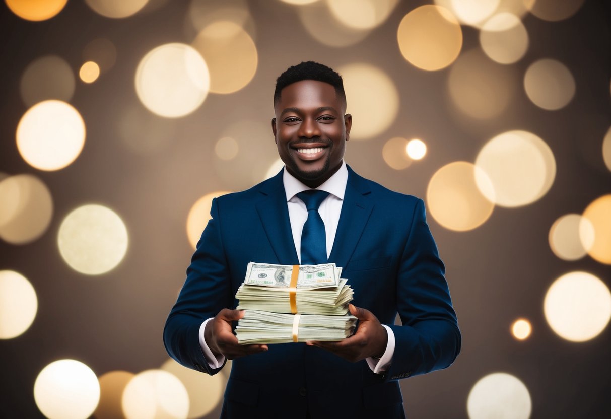 A celebrant holding a stack of money, smiling