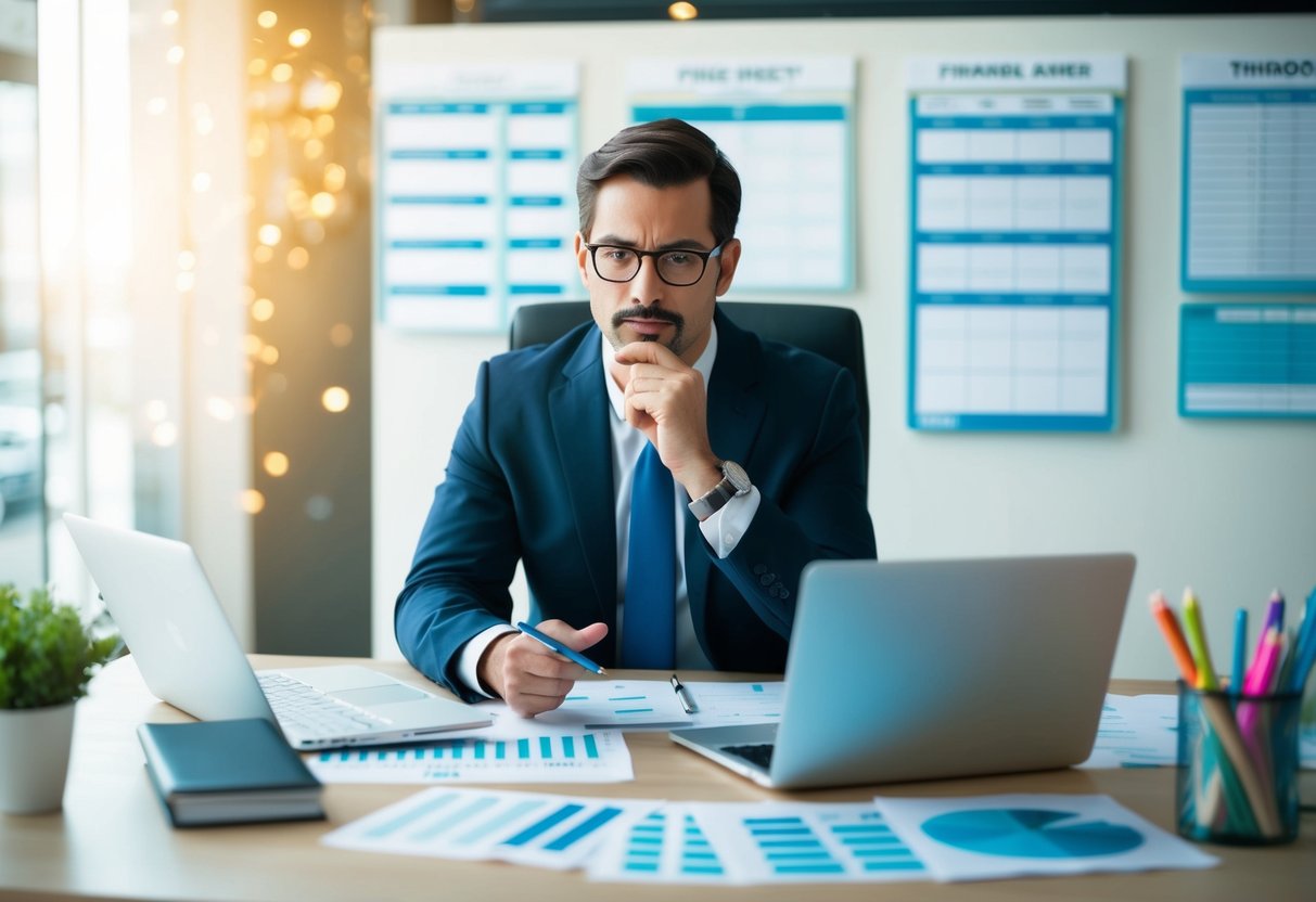 A third-party planner sits at a desk, surrounded by calendars, charts, and a laptop. They are deep in thought, brainstorming and organizing services offered for the planning process