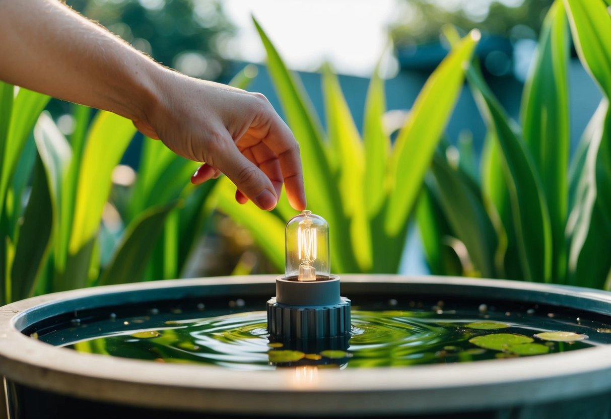 A hand reaching into a pond filter, replacing a UV bulb