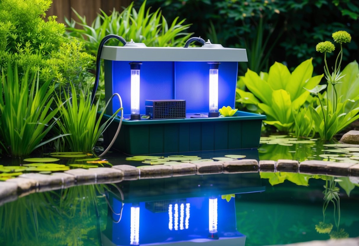 A pond with a filter system and UV bulbs, surrounded by lush greenery and clear water