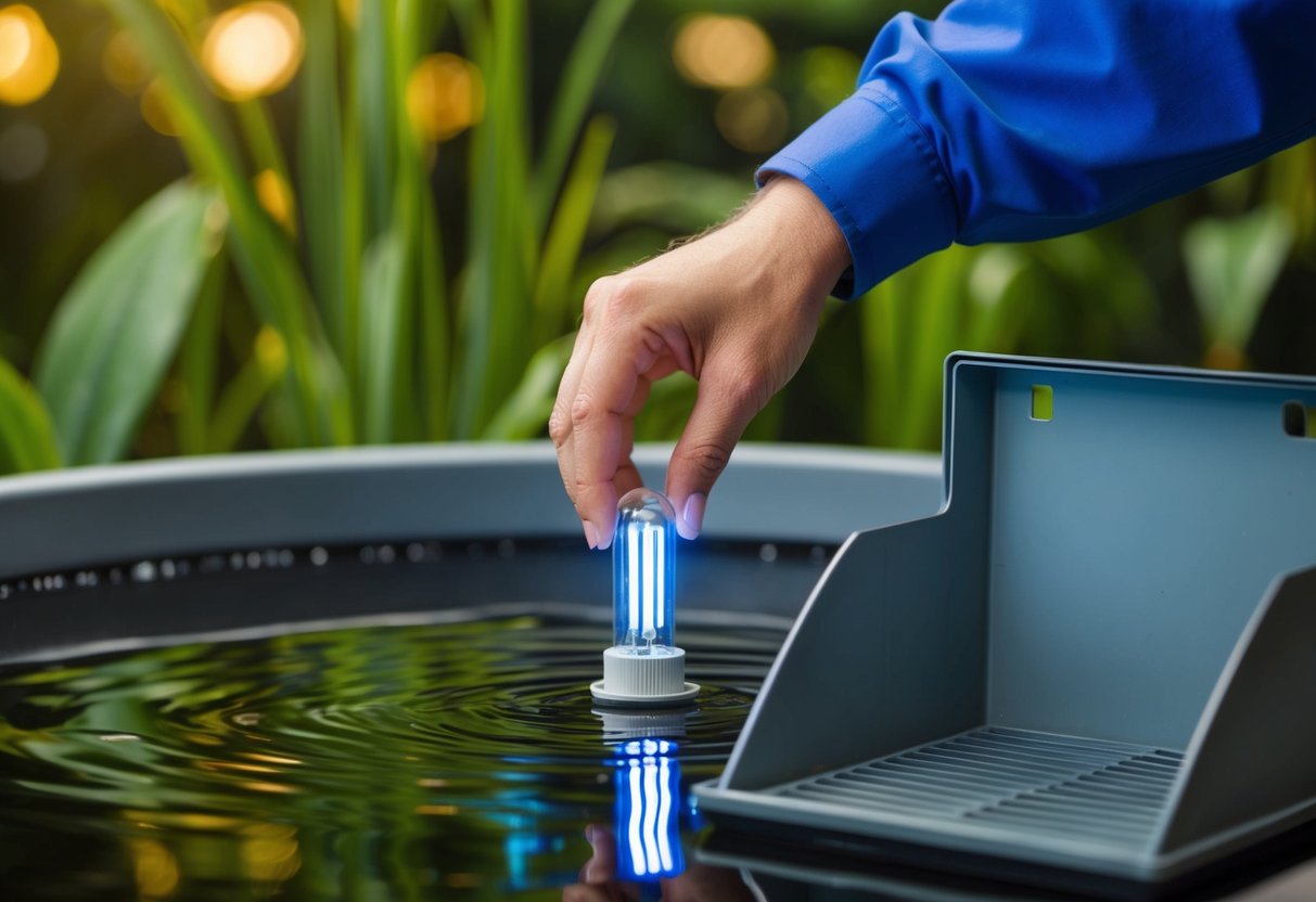 A hand reaching into a pond filter, removing a UV bulb and placing it in a disposal bin