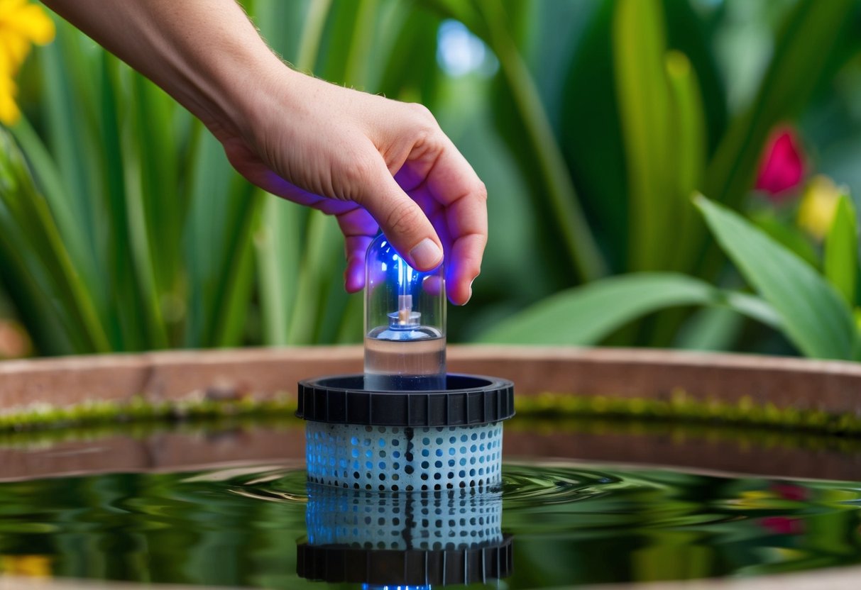 A hand reaching into a pond filter, replacing a UV bulb