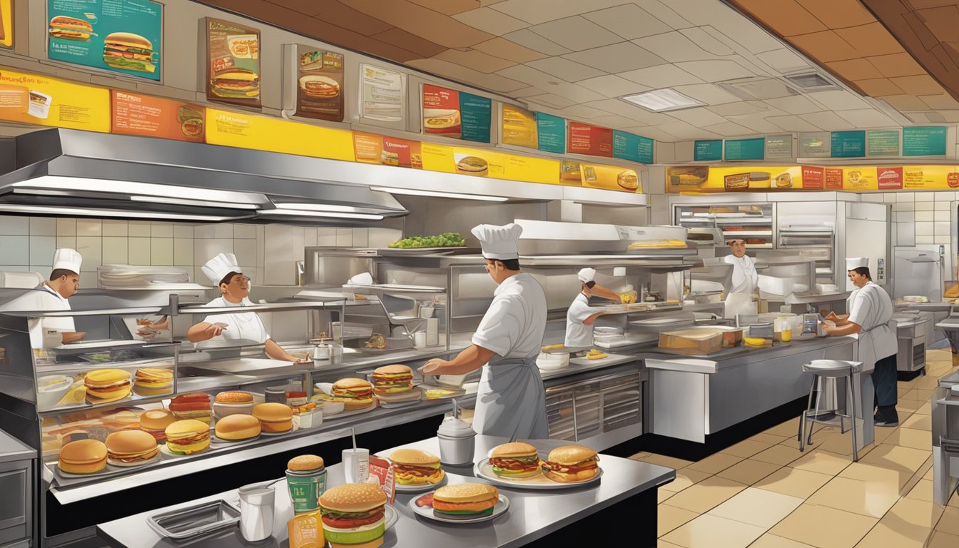 A bustling McDonald's kitchen with chefs assembling breakfast sandwiches, surrounded by vintage McDonald's breakfast menu items and advertisements