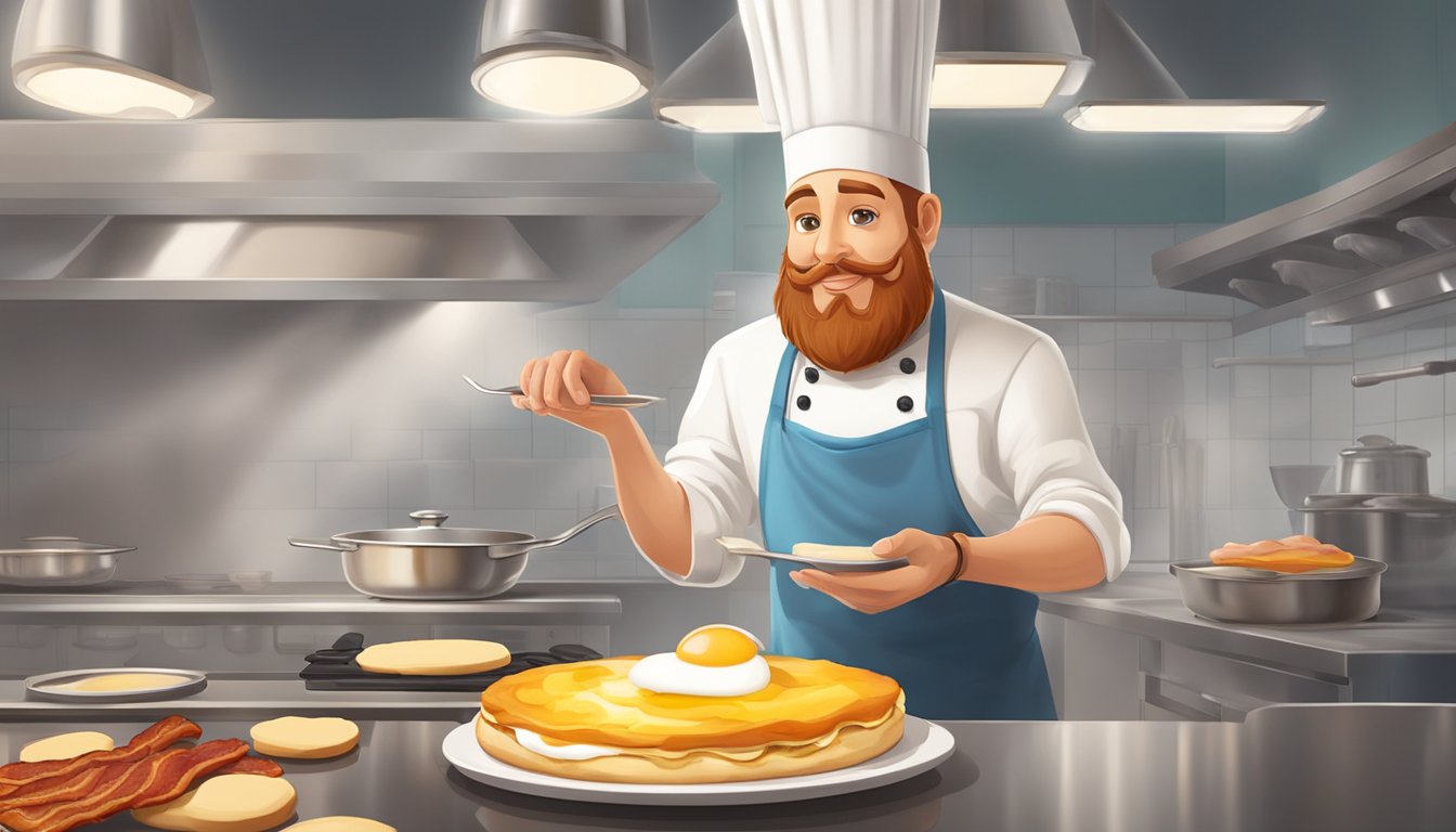 A chef carefully layers a toasted English muffin with a perfectly cooked egg, crispy bacon, and melted cheese, while a dollop of creamy sauce is added on top