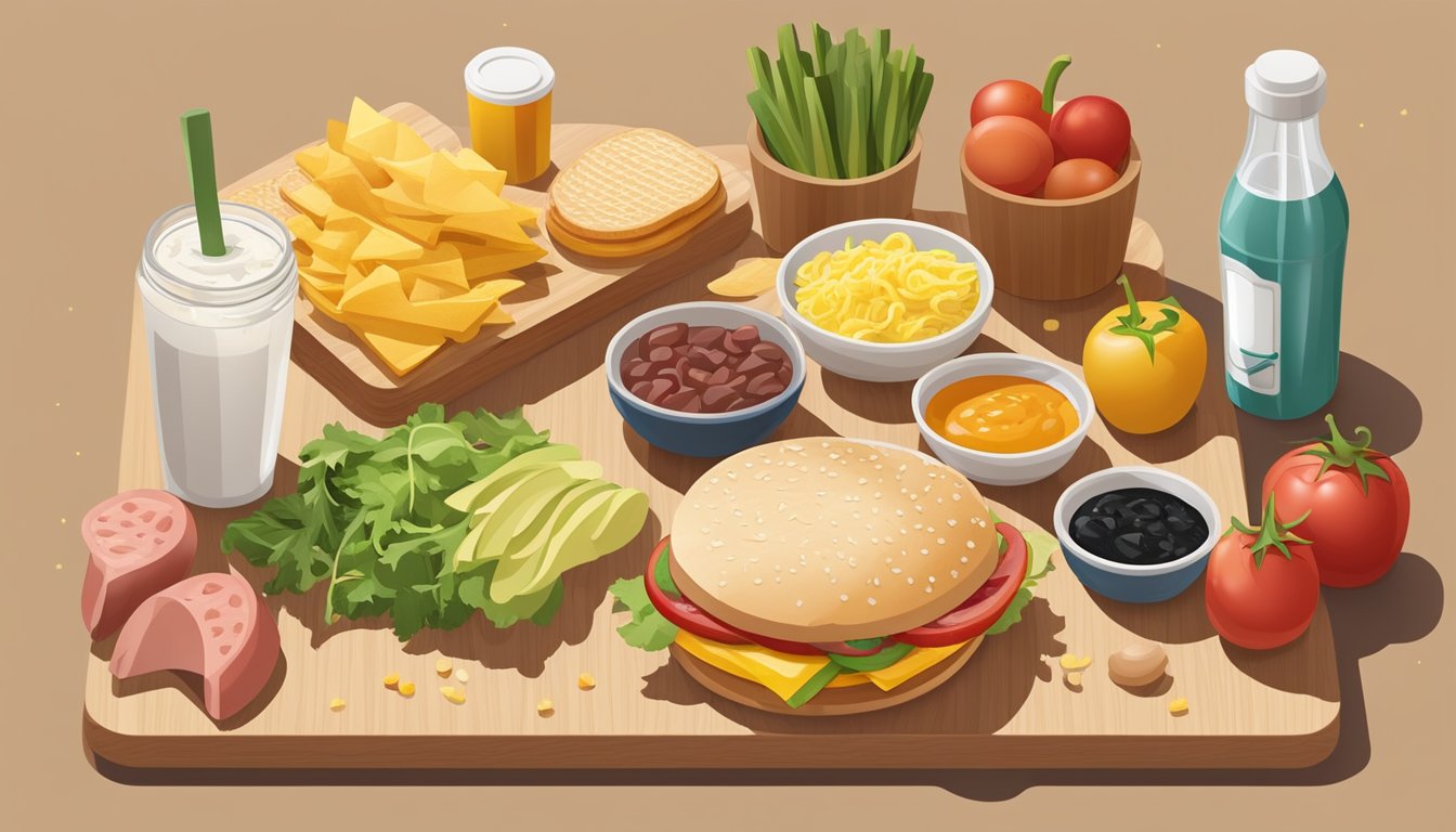 A McDonald's breakfast sandwich ingredients laid out on a wooden cutting board with a variety of fresh produce and condiments surrounding it