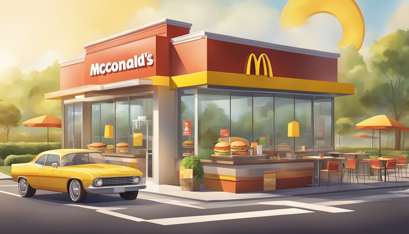 A sunny morning scene at a McDonald's restaurant, with a classic breakfast menu on display alongside modern, innovative options