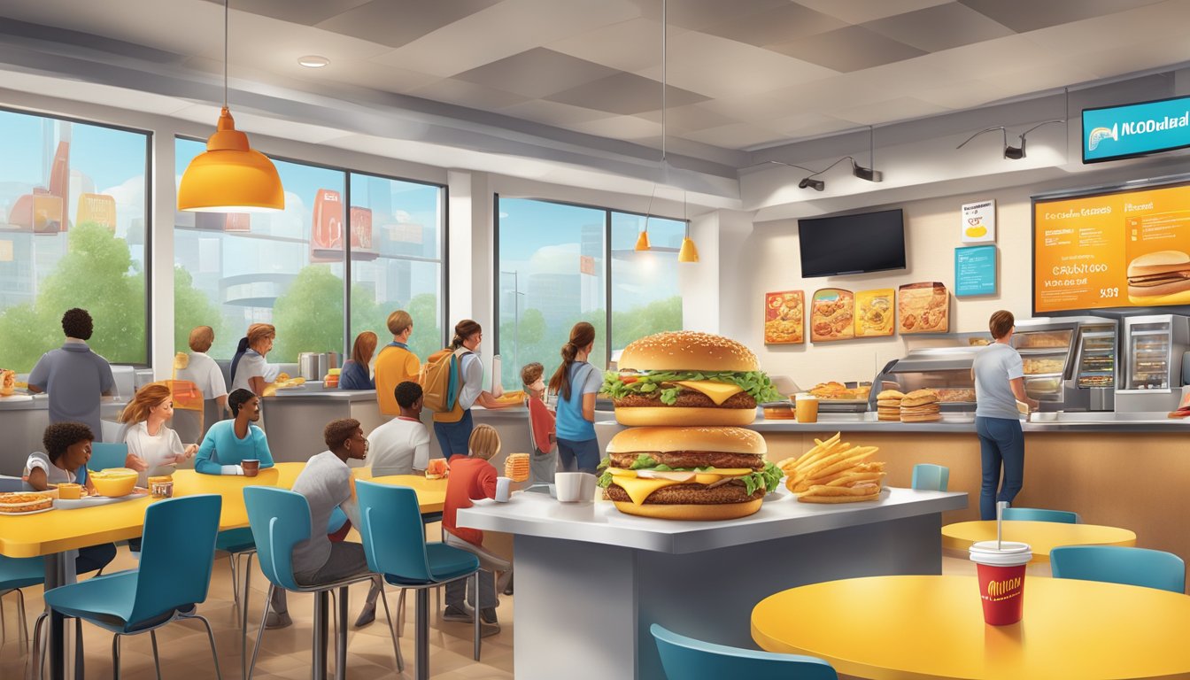 A bustling McDonald's breakfast scene with classic items and new offerings displayed on a vibrant menu board